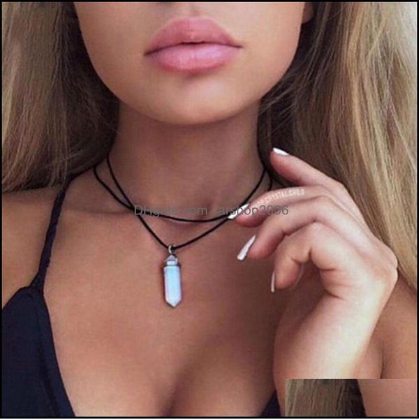 

pendant necklaces pendants jewelry fashion retro bohemian natural stone quartz hexagonal prism chakra healing double-deck mtilayer necklac, Silver