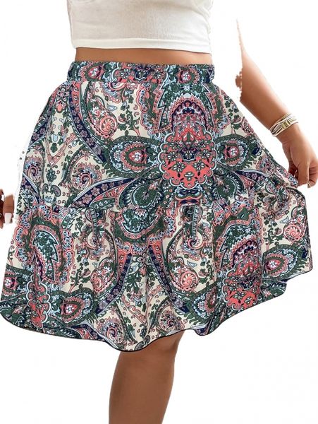 

plus floral & paisley print ruffle hem skirt m6cy#, Black