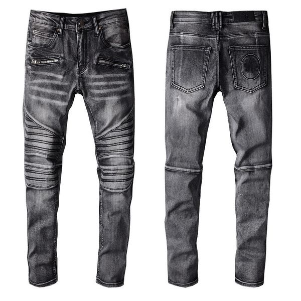 

black man skinny jeans designer grey fit rip skull slim biker for mens denim distress cult rapper street zipper pocket long straight leg str, Blue