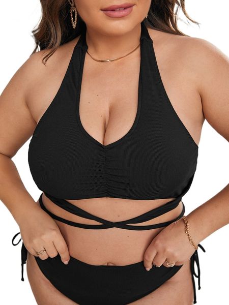 

plus rib cross bikini p4vi#, Black