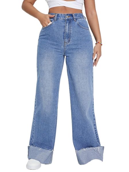 

high waist wide leg raw roll up hem jeans o4fi#, Blue