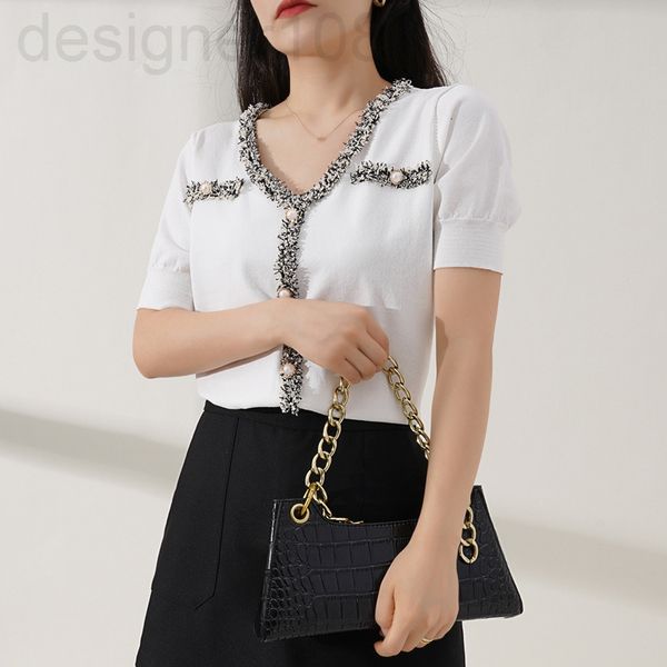 

women's knits & tees designer []temperament small fragrance short sleeved ice silk sweater pullover summer slim fit v-neck nail bead bl, White