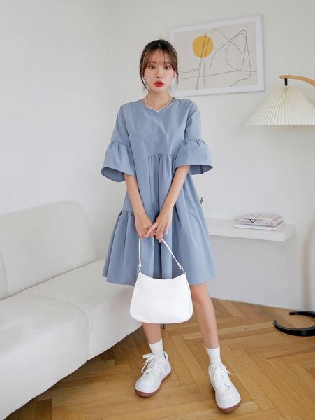 

dazy flounce sleeve solid smock dress 085a#, Black;gray