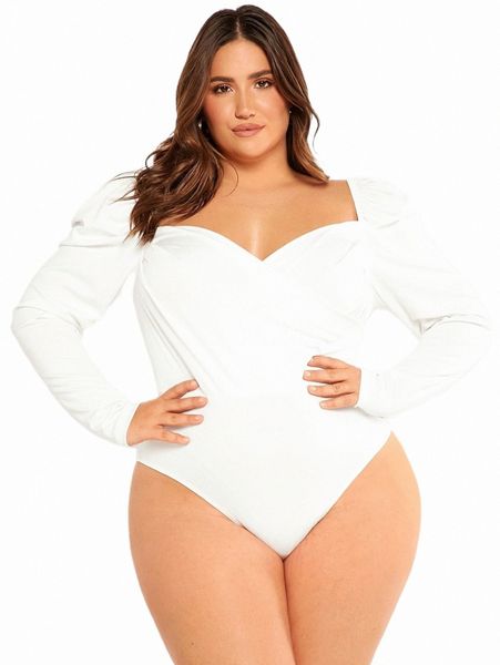 

evolu plus gigot sleeve wrap front ruched bodysuit k1he#, Black