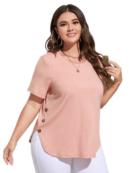 

plus button side curvy hem tee t6sm#, Black