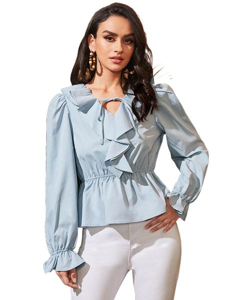 

tie neck ruffle trim flounce sleeve blouse c3kw#, White