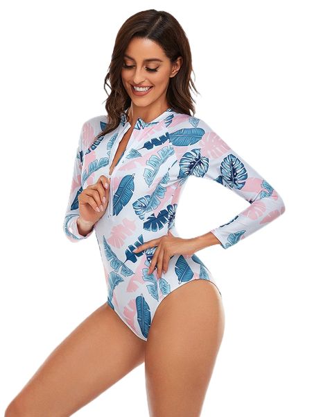 

tropical print raglan sleeve zip front one piece swimsuit r79z#, White;black