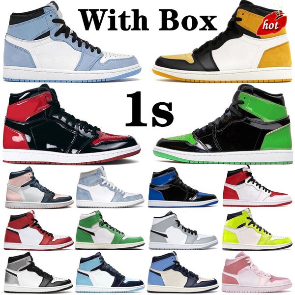 

with box 1 mens basketball shoes 1s bred patent green yellow toe university blue bubble gum georgetown visionaire unc hyper royal men women, Black