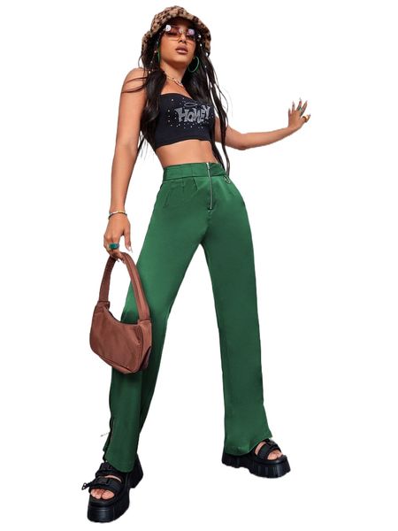 

zip front slit hem pants w47k#, Black;white