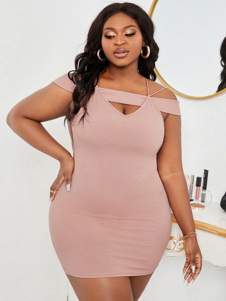 

sxy plus crisscross backless cold shoulder bodycon dress f20i#, Black
