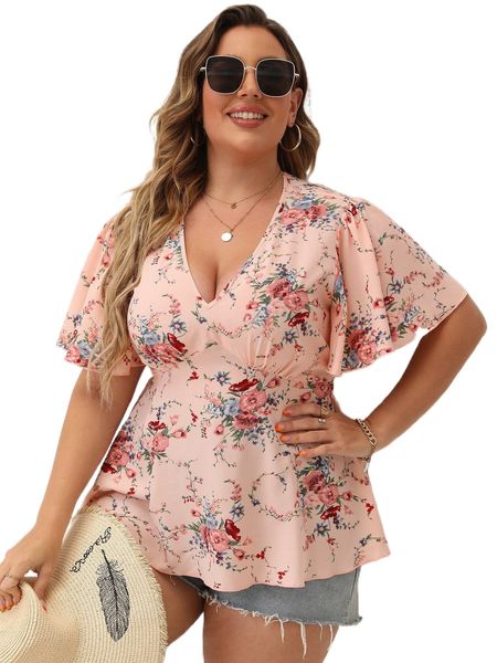 

plus floral print flutter sleeve peplum blouse 71xb#, Black