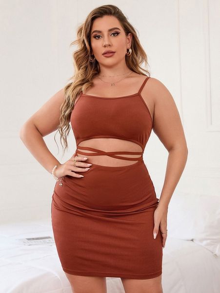 

plus cut out crisscross tie back bodycon dress 416w#, Black