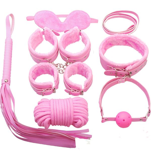 7 PCs Definir Produto Sexy Toys eróticos Adultos BDSM Definir cauda anal plug de algemas de algemas de mamilos corda de chicote de mordaça para casais