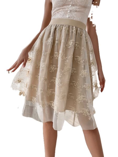

embroidery floral mesh overlay flared skirt x8lr#, Black