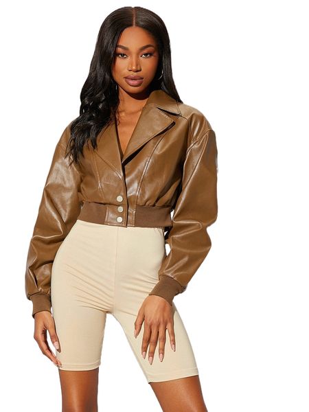 

newness pu leather crop jacket m7g2#, Black;brown