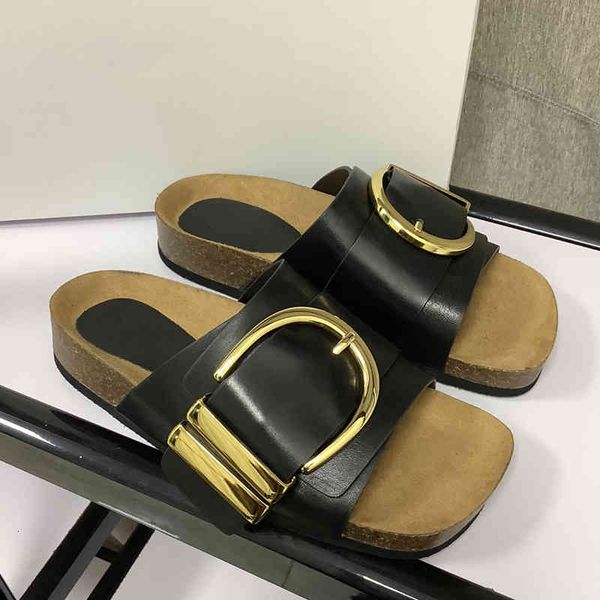 

slippers khait muller's summer black leather metal buckle open toe cork sole, wearing flat bottom sandals