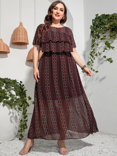 

plus allover print layered ruffle trim butterfly sleeve dress g9zy#, Black