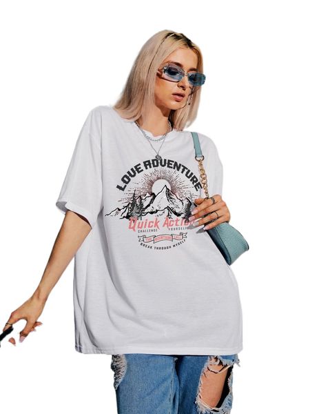 

mountain & slogan graphic drop shoulder tee n3bm#, White