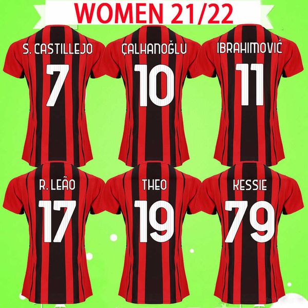 

women ac maglia da calcio milan 21 22 ladies soccer jersey ibrahimovic paqueta bennacer romagnoli calhanoglu 2021 2022 girls football shirt, Black;yellow