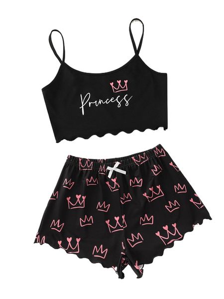 

letter & crown print lettuce trim pj set a2zb#, Black;red
