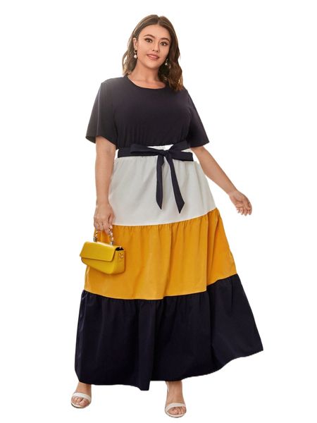 

plus and colorblock belted skirt set d3ty#, Black
