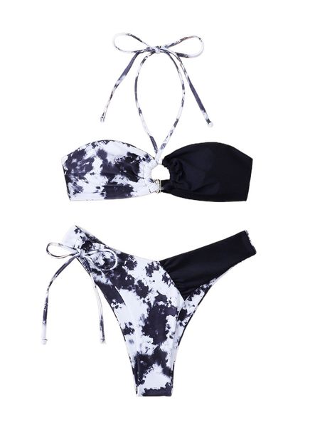 

tie dye halter bikini swimsuit r52m#, White;black