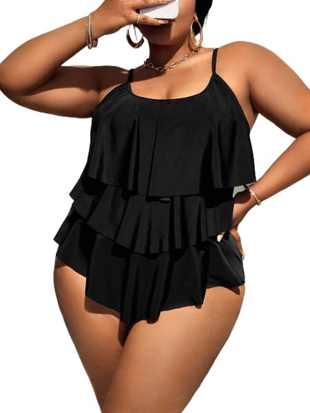 

plus tiered ruffle hem one piece swimsuit l7m5#, White;black