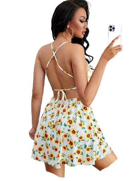 

sxy sunflower print lace up backless cami dress a9cf#, Black;gray