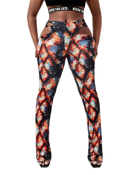 

sxy butterfly print cut out flare leg pants l6xo#, Black;white