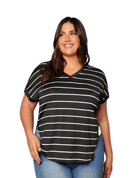 

plus striped batwing sleeve tee n6pf#, Black