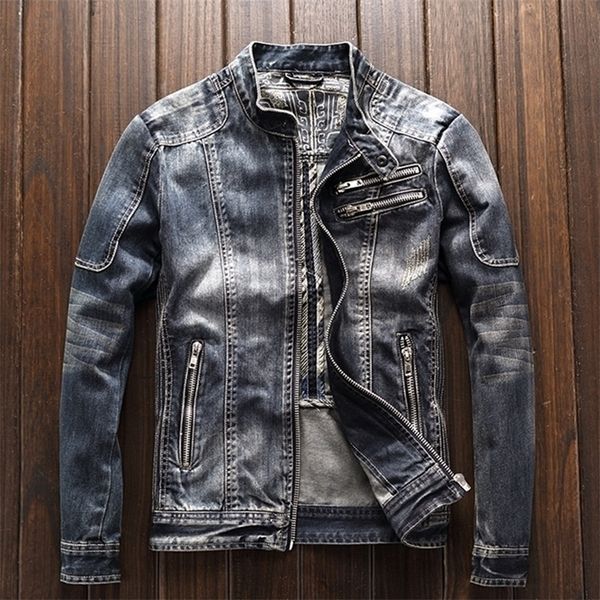 

european and american spring wear men's jeans jacket casual retro slightly fat large size stand-up collar zipper jacket cycling 201128, Black;brown