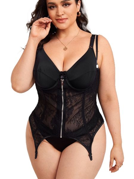 

plus floral lace zip front underbust corset v0lp#, Black;white