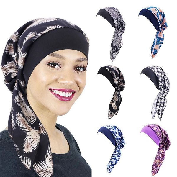 Fascia per capelli elastica Stampa Turbante Caps Cinghie di moda Donna Chemio Cap Hijab musulmano Cappello Copricapo Casa Perdita di capelli Bonnet Berretto da notte