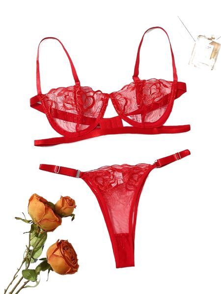 

embroidery mesh underwire lingerie set 999q#, Black;red