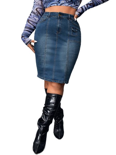 

plus high waist split back pencil denim skirt 8240#, Black