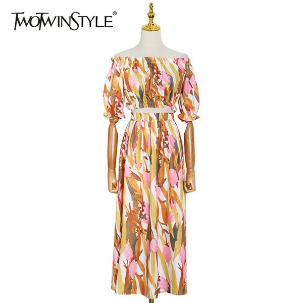 

print two piece set for women slash neck short high waist skirts hit color bohemian sets female fashion 210423, White