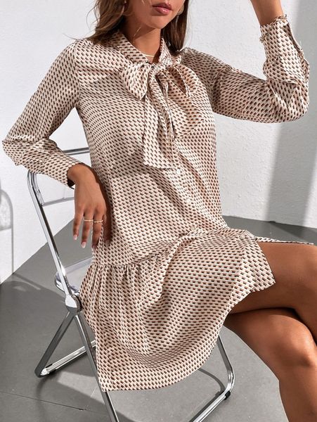 

satin allover print tie neck smock dress u2al#, Black;gray