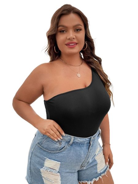 

plus one shoulder solid bodysuit u68n#, Black