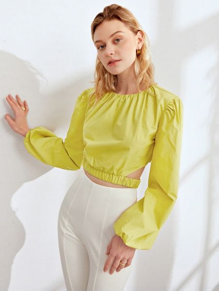 

cut out lantern sleeve crop blouse u2hd#, White