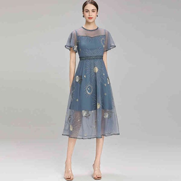 

casual dresses fashion mesh embroidered dress round neck short sleeve splicing nail bead temperament women's wear, Black;gray