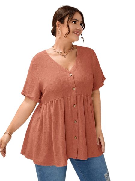 

plus solid button front peplum blouse v388#, Black