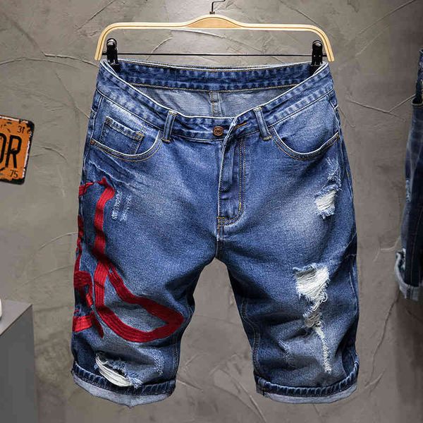 

men's jeans 2022 summer chinese style embroidered red ribbon worn cotton blue medium waist men's jeans a1uh