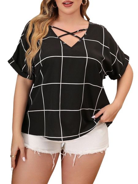 

plus grid print batwing sleeve blouse i86c#, Black