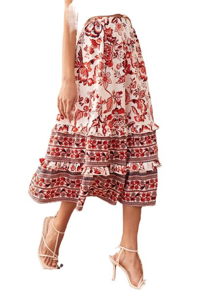 

floral ruffle trim skirt 024u#, Black