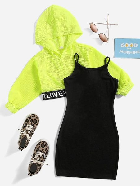 

toddler girls letter tape panel fishnet hoodie & cami dress she, White