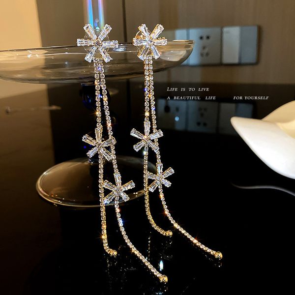 

925 silver needle long european and american rhinestone zircon flower tassel earrings personalized eardrops design sense exaggerated earring, Golden