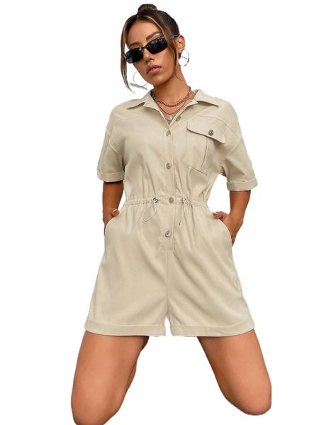 

drop shoulder flap pocket drawstring waist romper e440#, Black;white