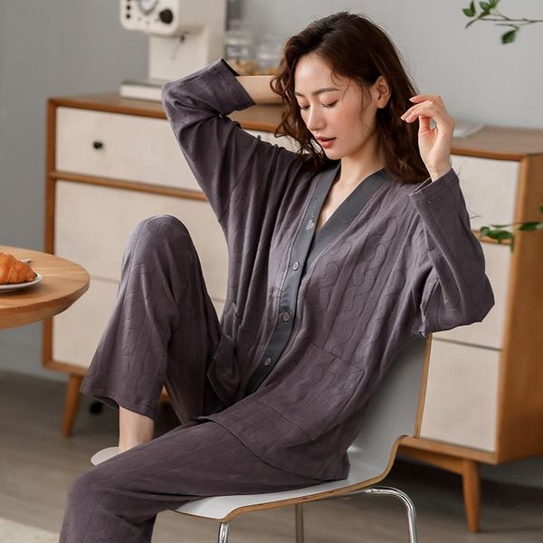 

spring cotton women pajamas womens sleepwear set long sleeve v-neck cardigan elegant loose soft 3xl pijamas mujer ladies nighty, Black;red
