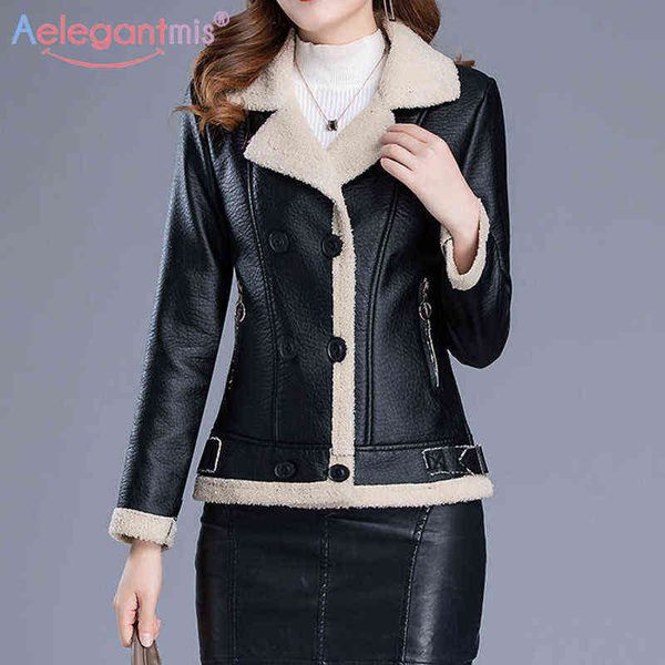 

aelegantmis winter add wool thicken warm pu leather jacket for women short faux leather jackets coats lamb wool collar outerwear l220728, Black