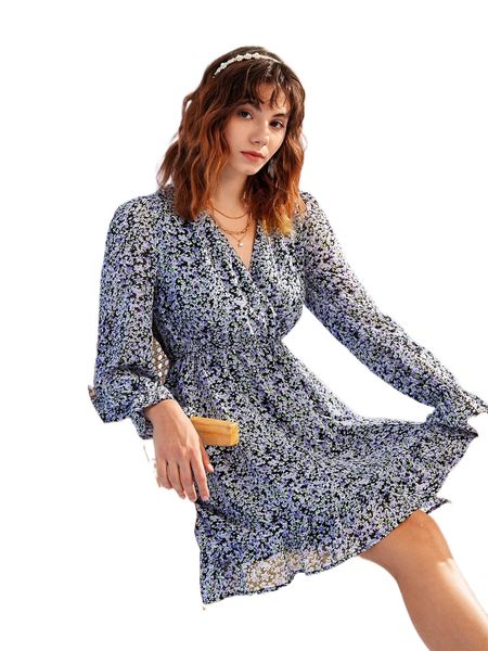 

surplice neck ditsy floral print ruffle hem dress c7bv#, Black;gray